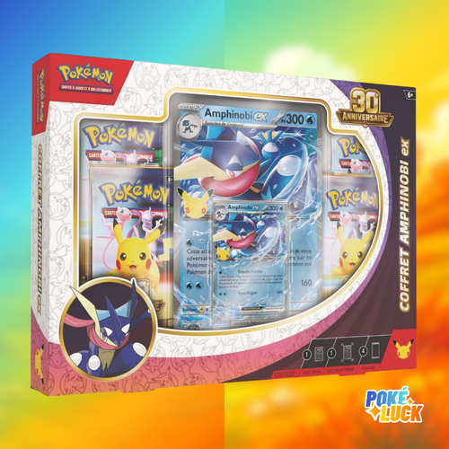 Coffret Pokémon Amphinobi EX 30e anniversaire en français, avec boosters et cartes promo visibles dans la boîte