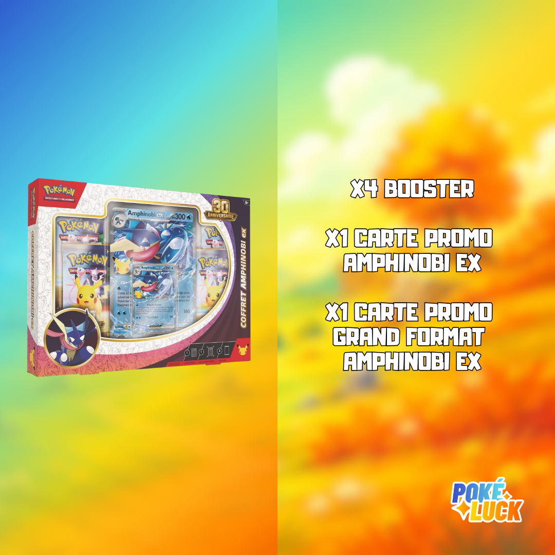 Contenu du coffret Pokémon Amphinobi EX 30e anniversaire : 4 boosters, une carte promo et une carte promo grand format Amphinobi EX