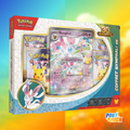 Coffret Pokémon Nymphali EX 30e anniversaire en français, avec boosters et cartes promo visibles dans la boîte