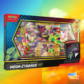 Coffret Pokémon Collection Premium Méga-Zygarde EX en français, avec boosters et cartes promo visibles dans la boîte