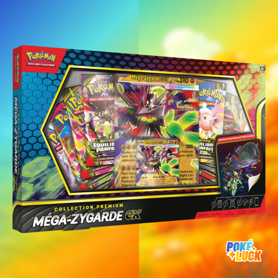 Coffret Pokémon Collection Premium Méga-Zygarde EX en français, avec boosters et cartes promo visibles dans la boîte