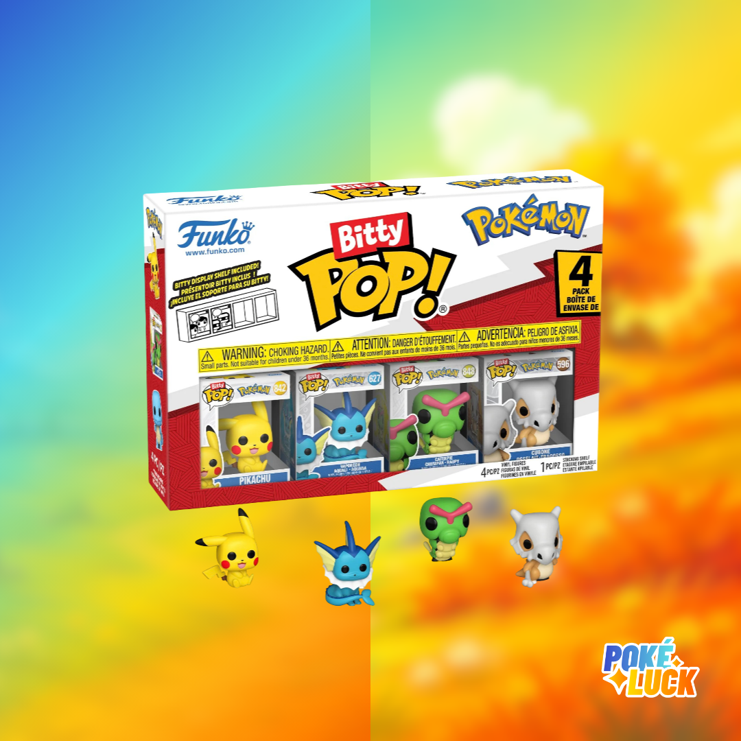 Bitty Pop! : « Pack de 4 figurines Funko Bitty Pop! Pokémon Pikachu, Aquali, Chenipan et Osselait, avec leur boîte