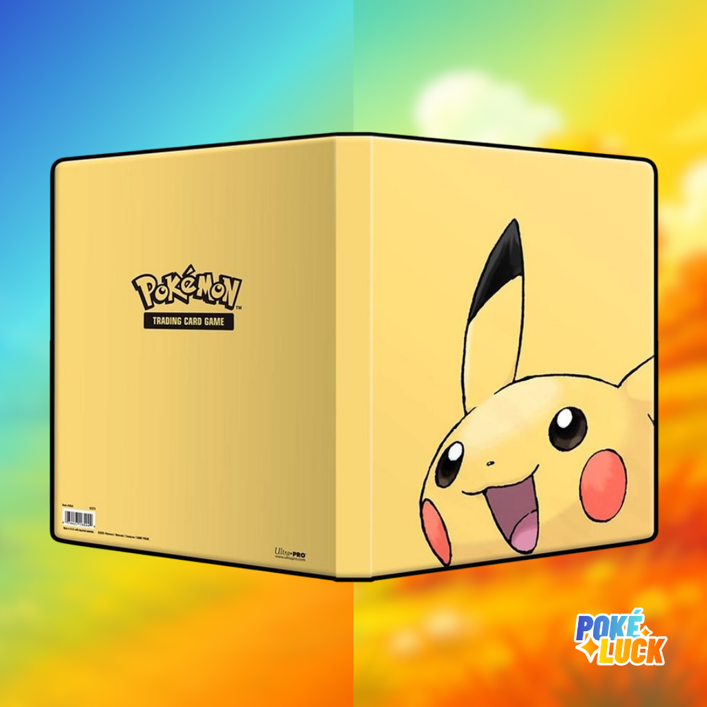 Portfolio Pokémon A4 Ultra Pro Pikachu, couvertures jaunes dépliées avec visage de Pikachu et logo Pokémon