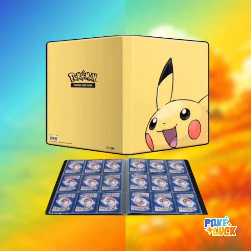 Portfolio Pokémon A4 Ultra Pro Pikachu, couvertures jaunes et aperçu des pages de rangement à 9 cases avec cartes Pokémon